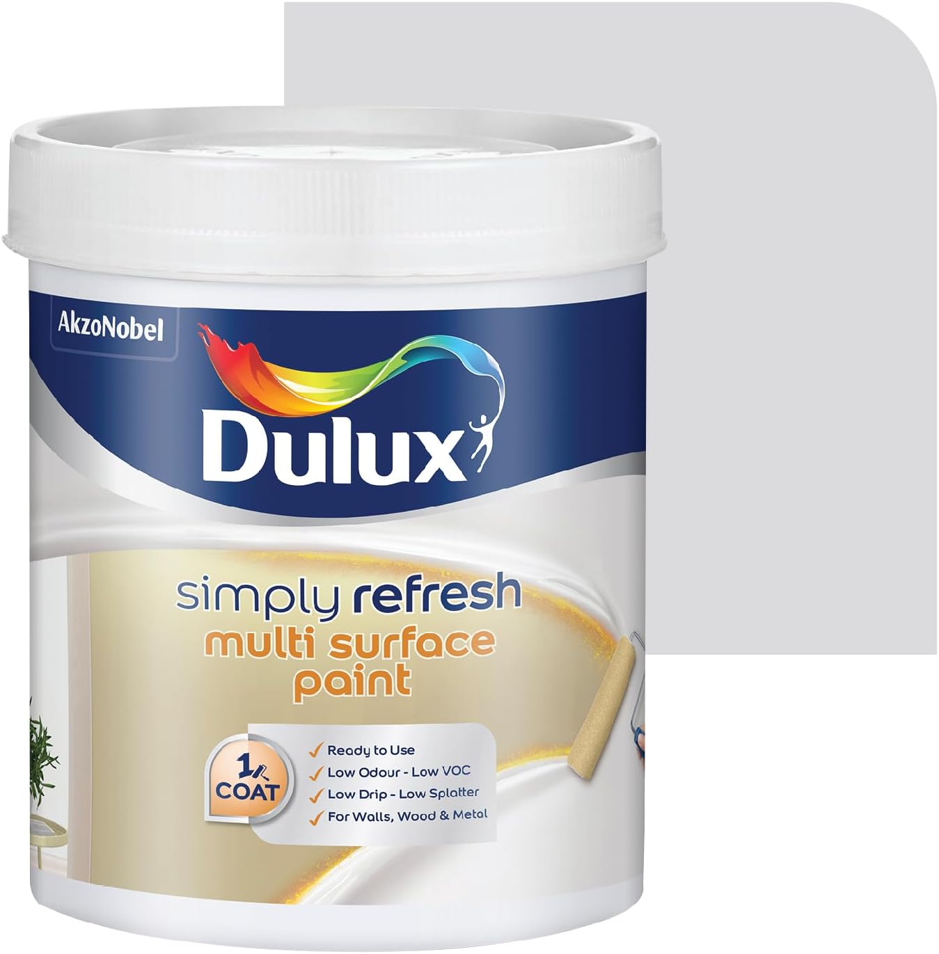 Dulux Simply Refresh SHADE OF WHITE DIY Multi Surface Paint Washable Coat, Low Drip Splatter with Soft Sheen Finish for Wall, Wood & Metal Surfaces - 1 L (Arctic Char)