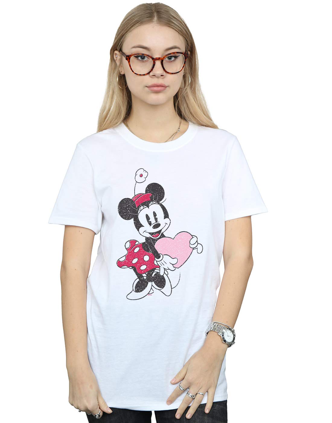 Absolute Cult Women's White Disney Minnie Mouse Love Heart Boyfriend Fit T-Shirt Large