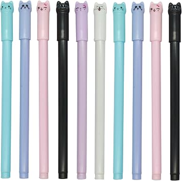 Maydahui 12 PCS Cat Rollerball Pens Cute Cartoon Kitty Animal Pen Black Gel Ink Smooth Writing for Cats Lovers Stationery School Supplies