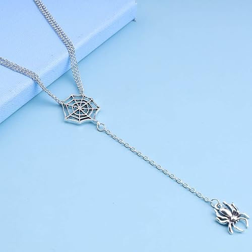 Miniatura 3 de Gargantilla de cadena larga Lariat, collar de tela de araña en capas plateadas, collar con colgante de araña, collar punk de telaraña Y Lariat