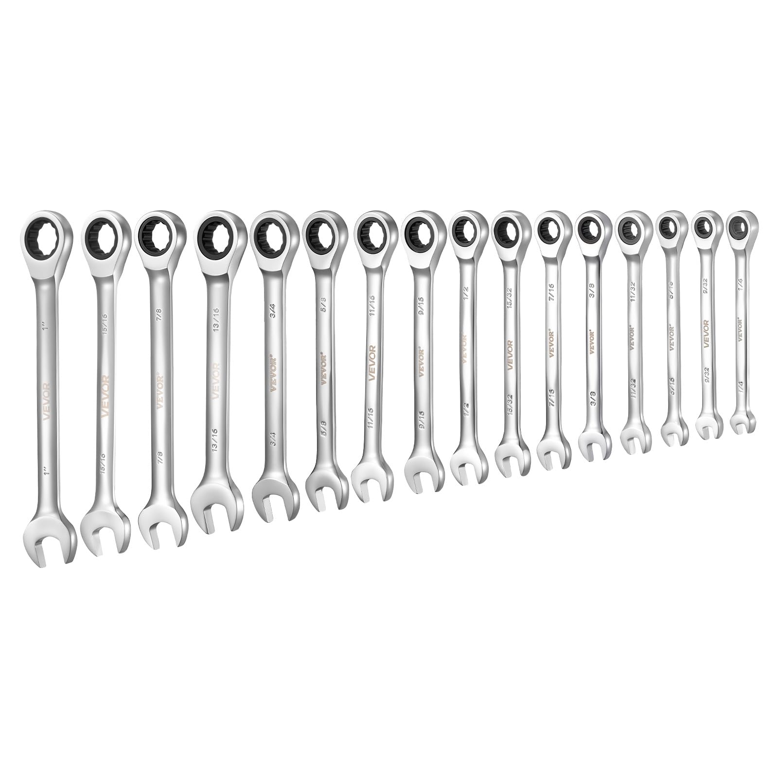 VEVOR Set di Chiavi Combinate a Cricchetto 16 Pezzi, Chiavi a Cricchetto, SAE, Meccanismo a 72 Denti con Profilo Antiscivolo, in Acciaio Cr-V, con Custodia Arrotolabile, per Uso Casa e Auto, Argento