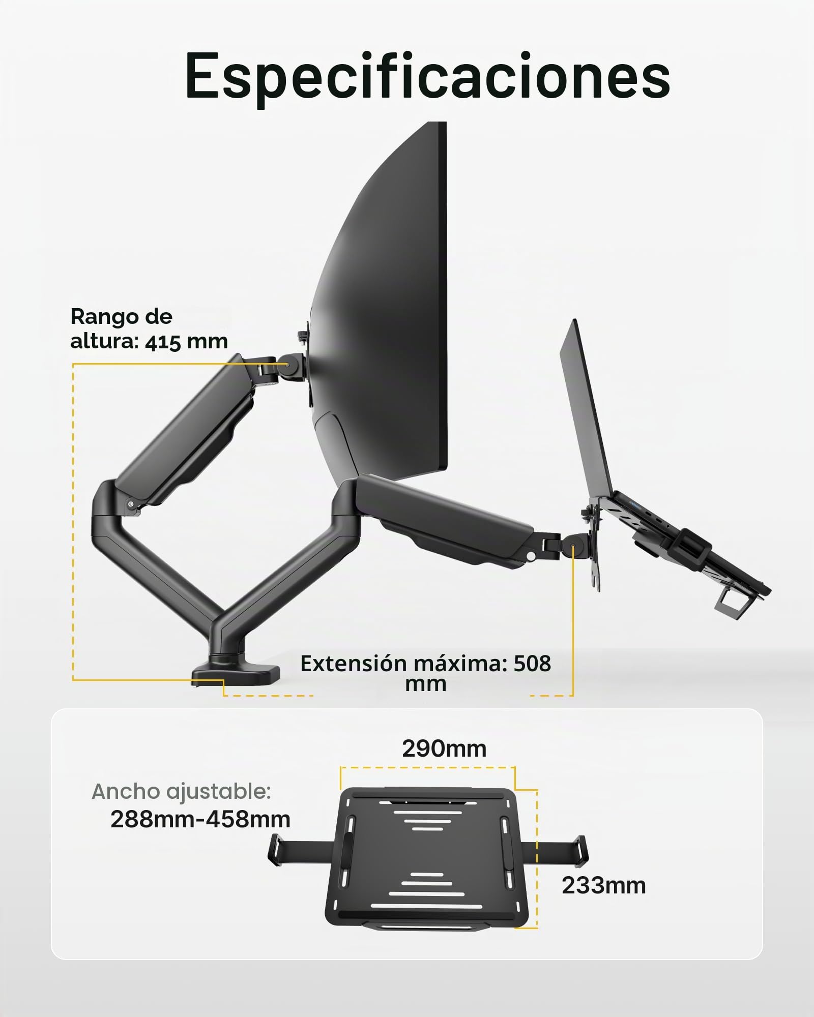 monTEK Brazo Soporte 2en1 Monitor 17-32" Portátil 12-18", VESA 75/100mm | Incluye abrazadera y pasacables de mesa, brazo ergonómico ajustable, montaje rápido, ahorra espacio para oficina y hogar