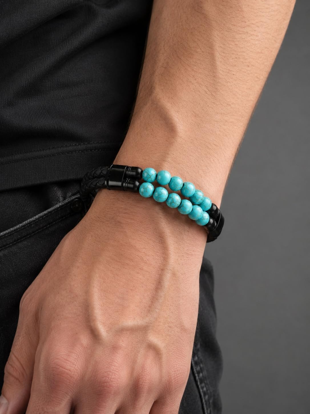 Black Braided Leather Bracelet for Men with Turquoise, Lapis Lazuli, Tiger Eye, Obsidian Stone Double-Row Wristband Beads with Stainless Steel Clasp Fashion Jewelry Gift for Him