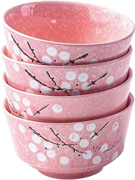 Pink Ceramic Rice Bowl Set of 4, 4.37 Inch Japanese Cherry Blossom Small Bowls for Kitchen, Floral Porcelain Bowls for Cereal, Dessert, Sushi Sauce & Snack