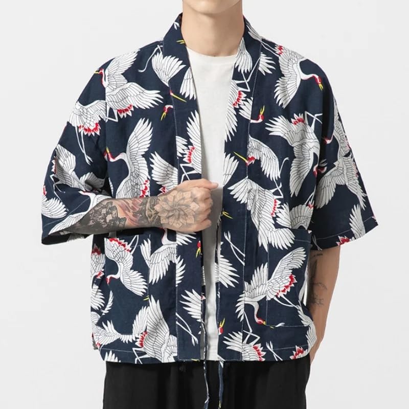 Male Kimono Cardigan Retro Chinese Style Print Traditional Japanese Shirt Jacket