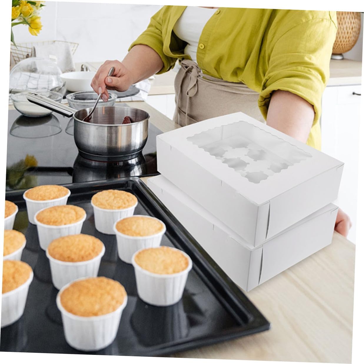 VALICLUD 10pcs Window Design Muffin Cake Packaging Boxes White Cardboard Paper Bakery Pastry Boxes Cupcake Carrier for Food Storage and Transport