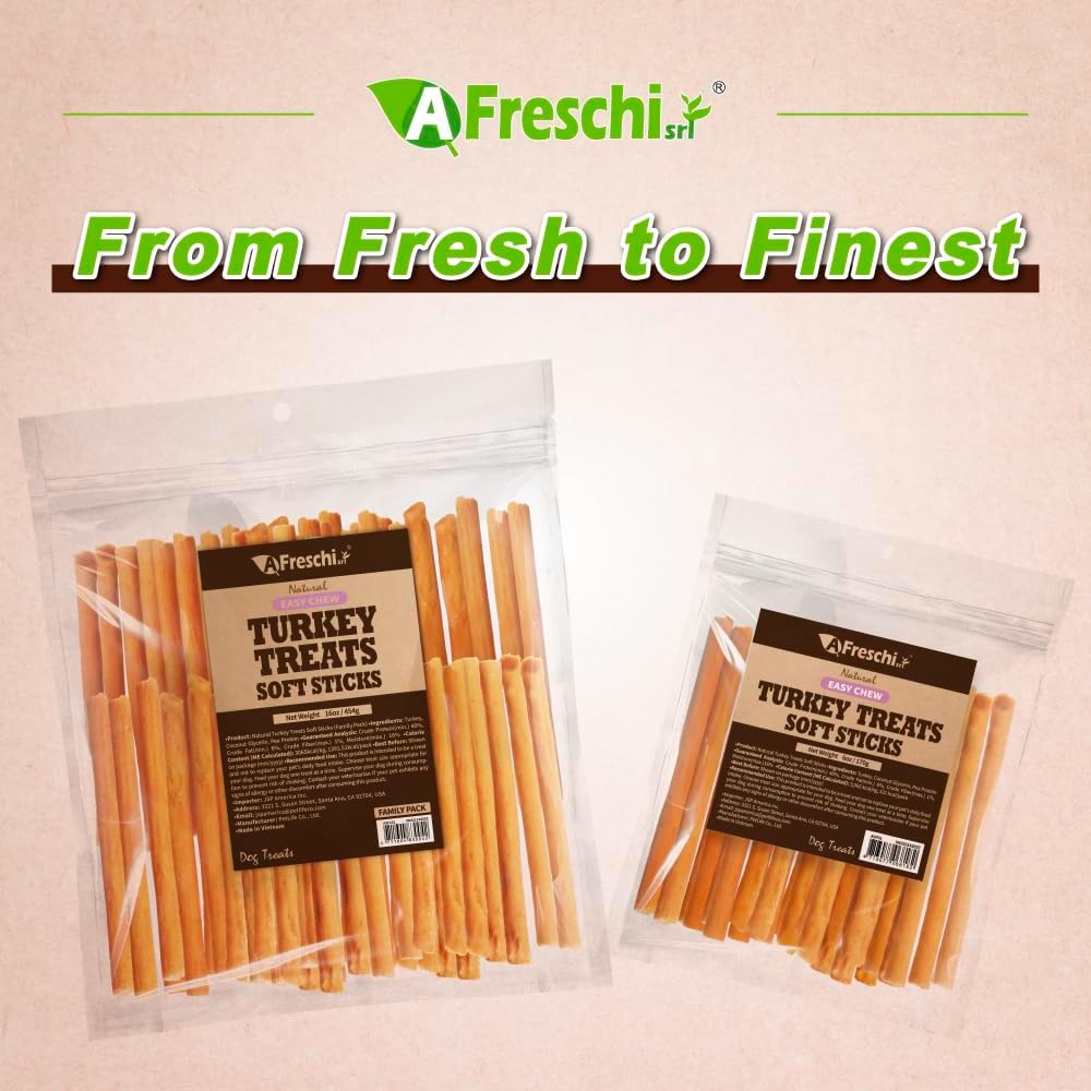 A Freschi srl Soft Turkey Dog Treats, USA-Sourced Trukey, All-Natural, Hypoallergenic, High-Protein, Low-Fat, Healthy & Easily Digestible, Puppy & Training Snack, Stick 16oz