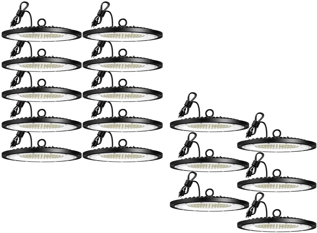 Amico 16 Pack UFO LED High Bay Light (10 Pack 200W+6 Pack 150W), 5000K LED High Bay Lights with UL Listed US Hook 5' Cable Alternative to 650W MH/HPS for Gym Factory Barn Warehouse