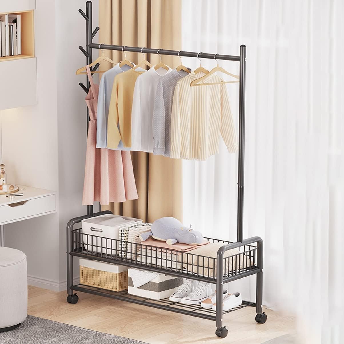 Lukzer | MGR-004 | Black | Metal Cloth Stand & Garment Organizer with Wheels, 2 Bottom Shelves & Mesh Base – Freestanding Coat Rack for Bedroom, Laundry, Office & More | 173 x 110 x 35 cm