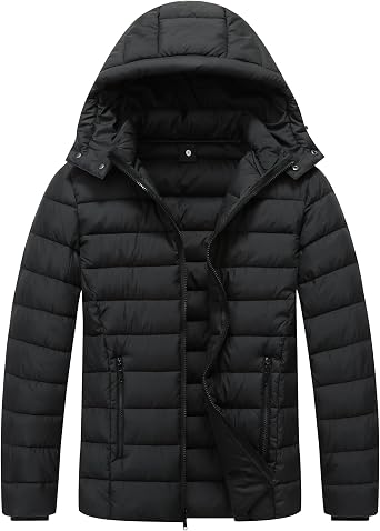 Mens Quilted Down Coat Puffer Jacket | Lightweight, Waterproof, Windproof, Detachable Hood, Warm for Winter Travel