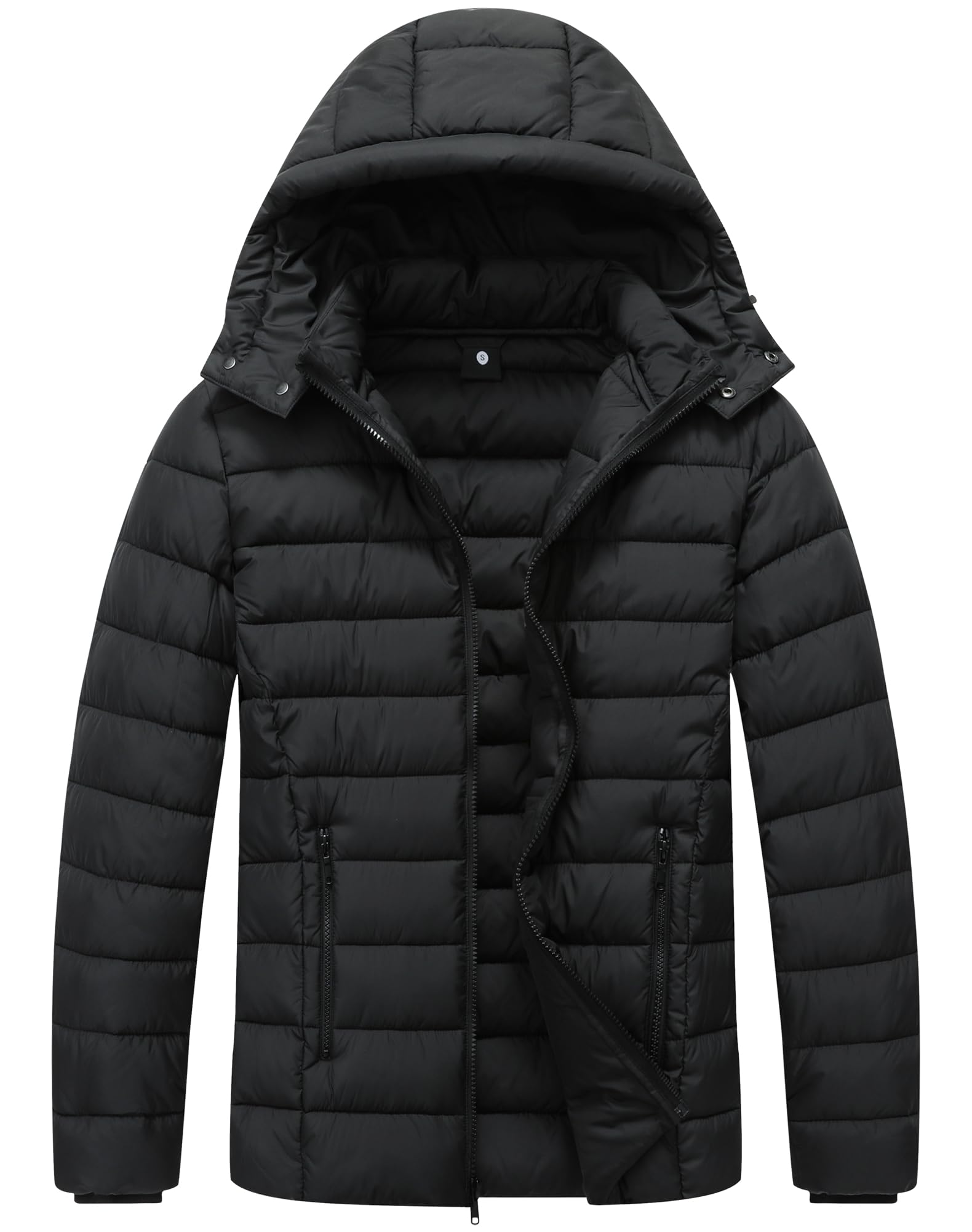 Mens Quilted Down Coat Puffer Jacket Lightweight Waterproof Windproof Detachable Hood Warm for Winter Travel