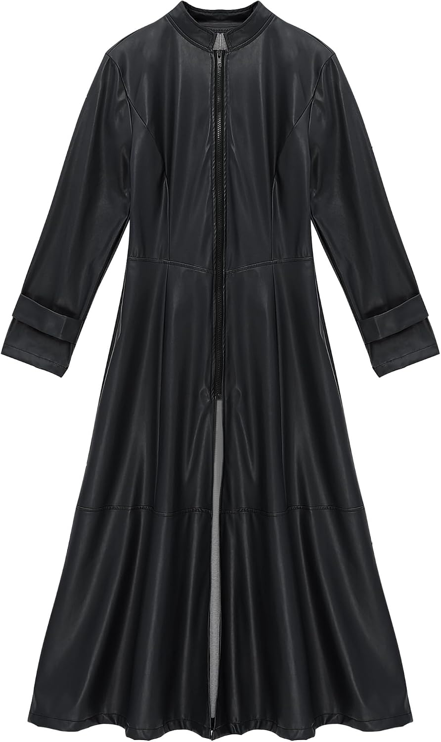 Women's Faux Leather Trench Coat Mock Neck Long Sleeve Full Zip Dress Coat Maxi Jacket Outwear