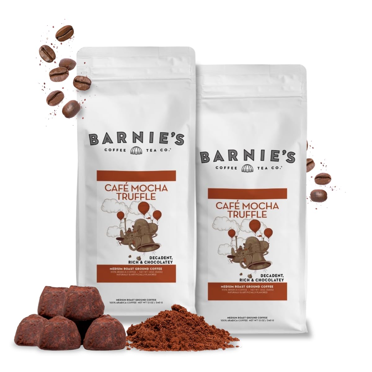 Barnie's Café Mocha Truffle Ground Coffee, Decadent and Rich Chocolate Flavor, Medium Roasted Arabica Coffee Beans, Sugar Free and Nut Free, 12 oz Bag (Pack of 2)