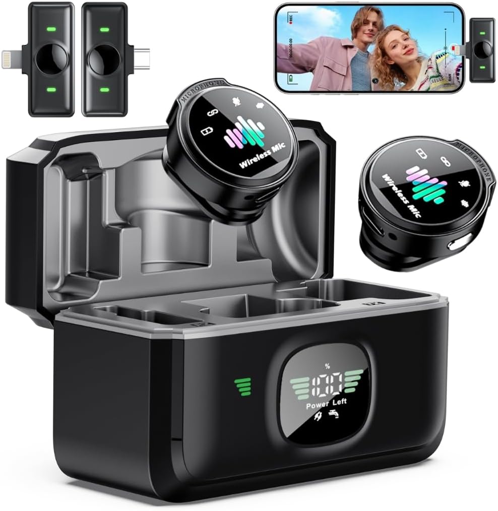 Wireless Lavalier Microphone for iPhone: 𝟖𝟎H with Charging Case | Microphone for iPhone & Android -30dB Noise Reduction - Plug & Play - Mini Mic for Vlogging TikTok YouTube