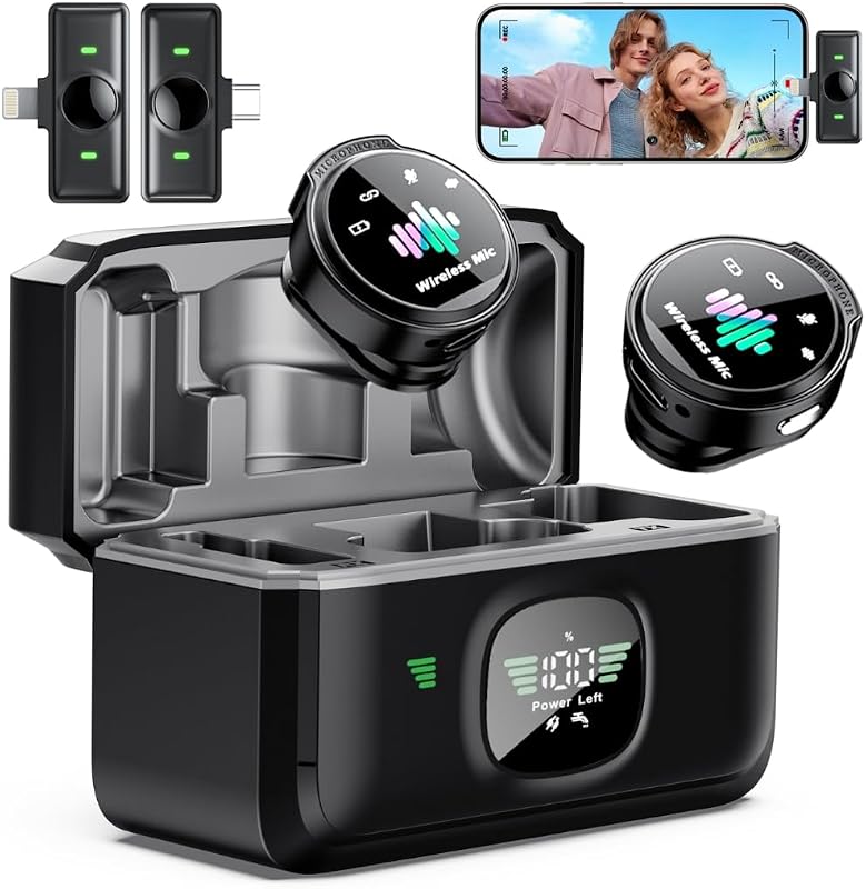 Wireless Lavalier Microphone for iPhone: 𝟖𝟎H with Charging Case | Microphone for iPhone & Android -30dB Noise Reduction - Plug & Play - Mini Mic for Vlogging TikTok YouTube