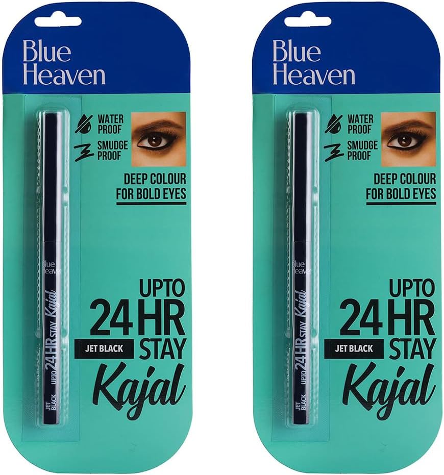 Blue Heaven 24 Hr Stay Kajal Black Waterproof | Long Lasting And Smudge Proof Pencil, Black Matte Finish | Pack Of 2 | 0.30G Each