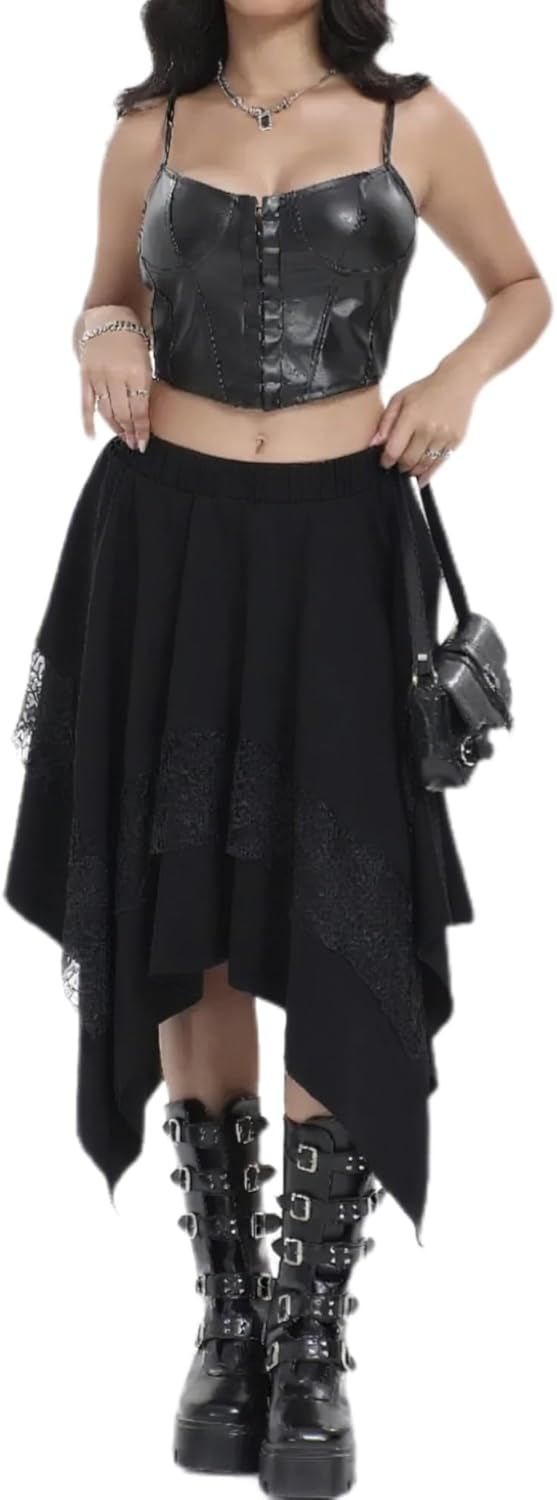 Women's Renaissance Flowy Asymmetrical Goth Midi Skirt Western Fairy Lace Layered Boho Steampunk Skirts - Image 6