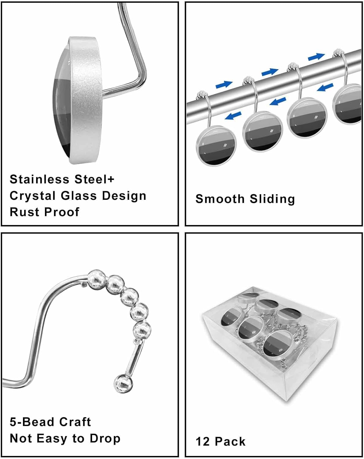 Shower Curtain Hooks 12 Pcs Black and Grey Striped Gradient Rustic Wood Board Stainless Steel Rust Proof Rolling Shower Curtain Rings, Decorative Shower Curtain Hooks Hangers for Bathroom