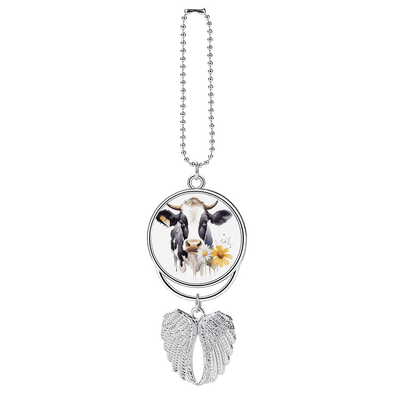 Watercolor Cow and Daisy Flower Car Charm Alloy Car Rear View Mirrors Hanging Ornaments Stylish Car Pendant Funny Auto Hanging Accessories Car Hanging Ornaments Gift for Women Men
