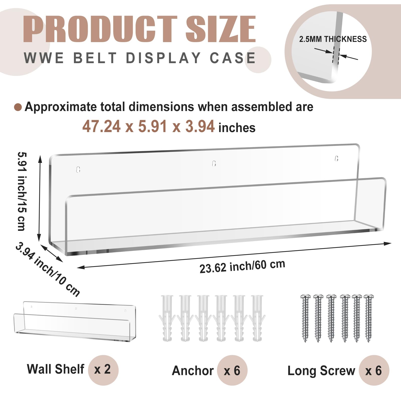 Silipull 2 Pack Acrylic Horizontal Championship Belt Display Wall Mount Wrestling Belt Holder Rack Display Case for Karate Football Boxing Martial Arts Sports Championship and Other Replica