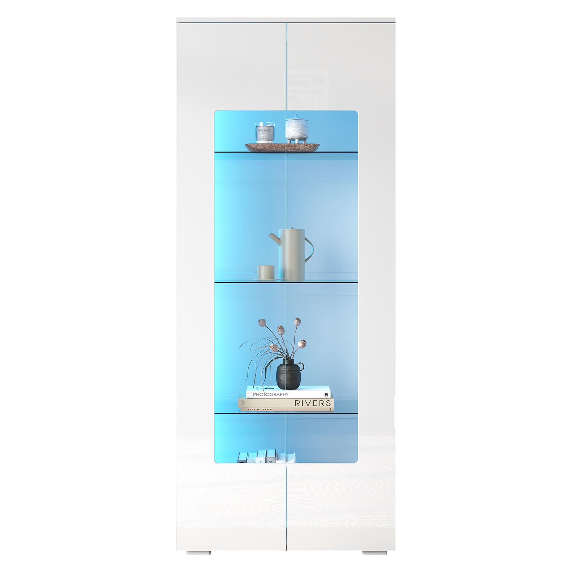 Vitrina blanca brillante para salón, 70 x 40 x 173 cm, con LED y 2 puertas acrílicas