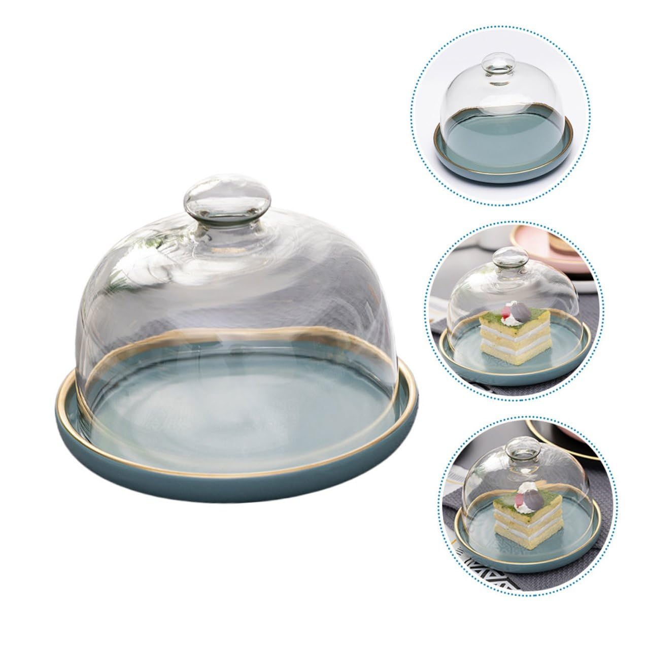 IMIKEYA Glas Kuchenglocke für Dessert und Obstsalat mit Keramik und Blau