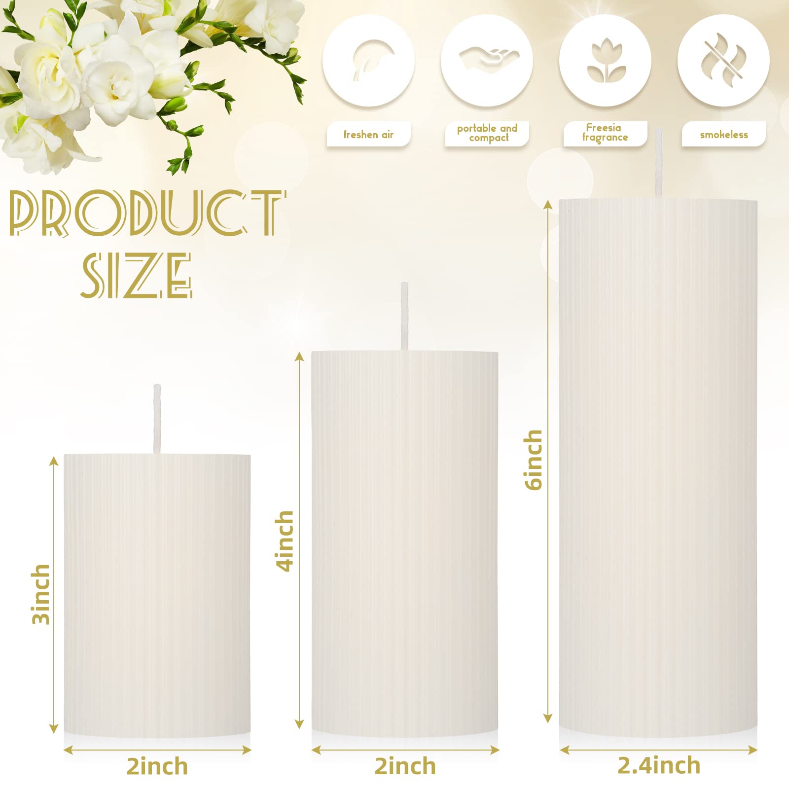 Mtlee 3 Pcs Ribbed Pillar Candles Heights 3 Inch, 4 Inch, 6 Inch