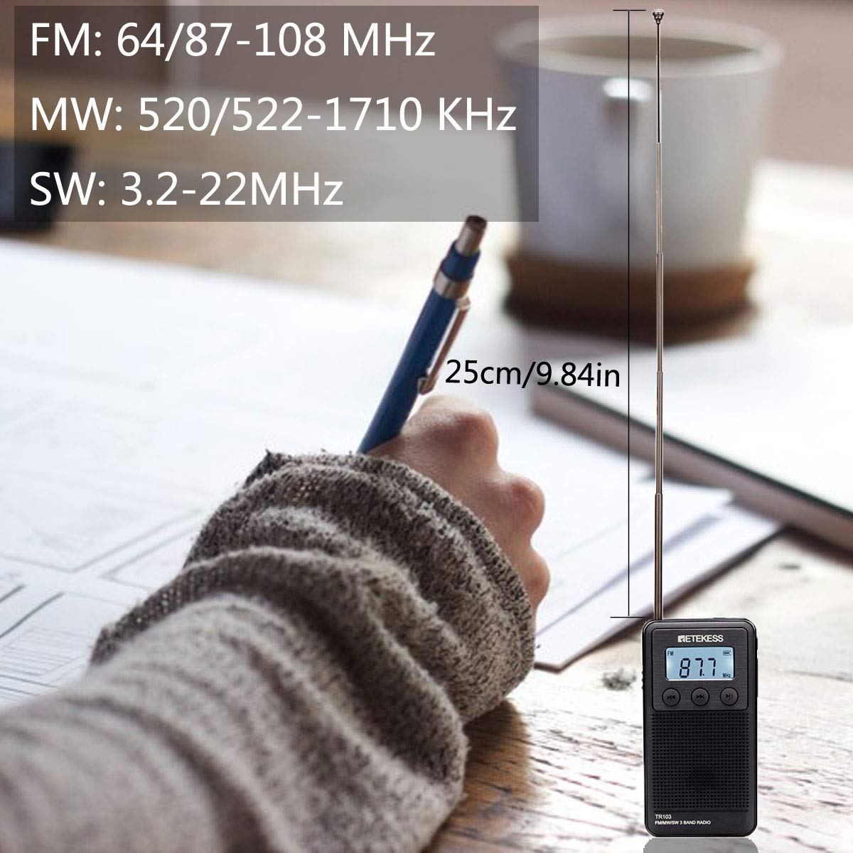 Retekess TR103 mini radio kieszonkowe, przenośne radio FM MW SW, odtwarzacz MP3 DSP odbiornik cyfrowy z akumulatorem (czarny)