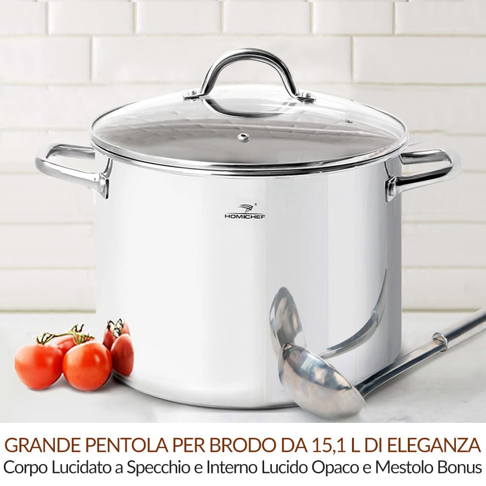 HOMICHEF Pentola Grande in Acciaio Inossidabile Senza Nichel con Coperchio in Vetro (29 cm, 15 Litri) - Pentola a Induzione per la Salute con Finitura a Specchio