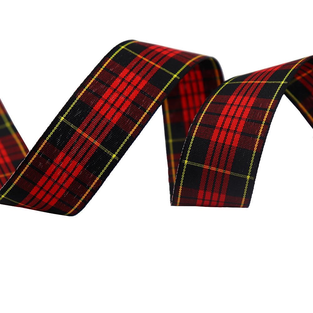 Tartan Ribbon, 25mm x 9M Black Watch for Christmas Valentine's Day Scene Decoration(Deep Green Wine Red)