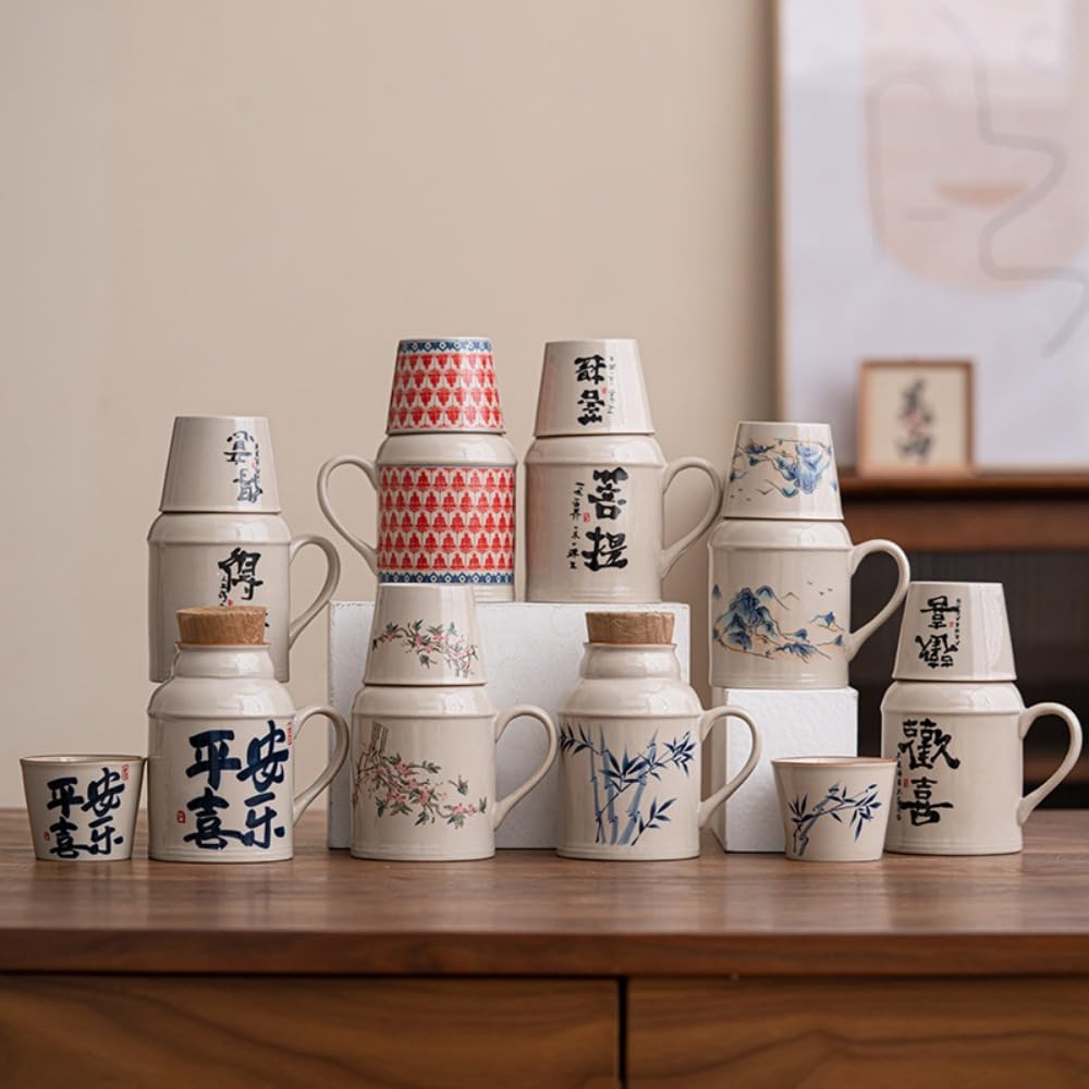 Petite Tasse à thé en céramique avec Couvercle, Service à thé/ragoût, Bouteille Chinoise, Anse (Paix et Joie)