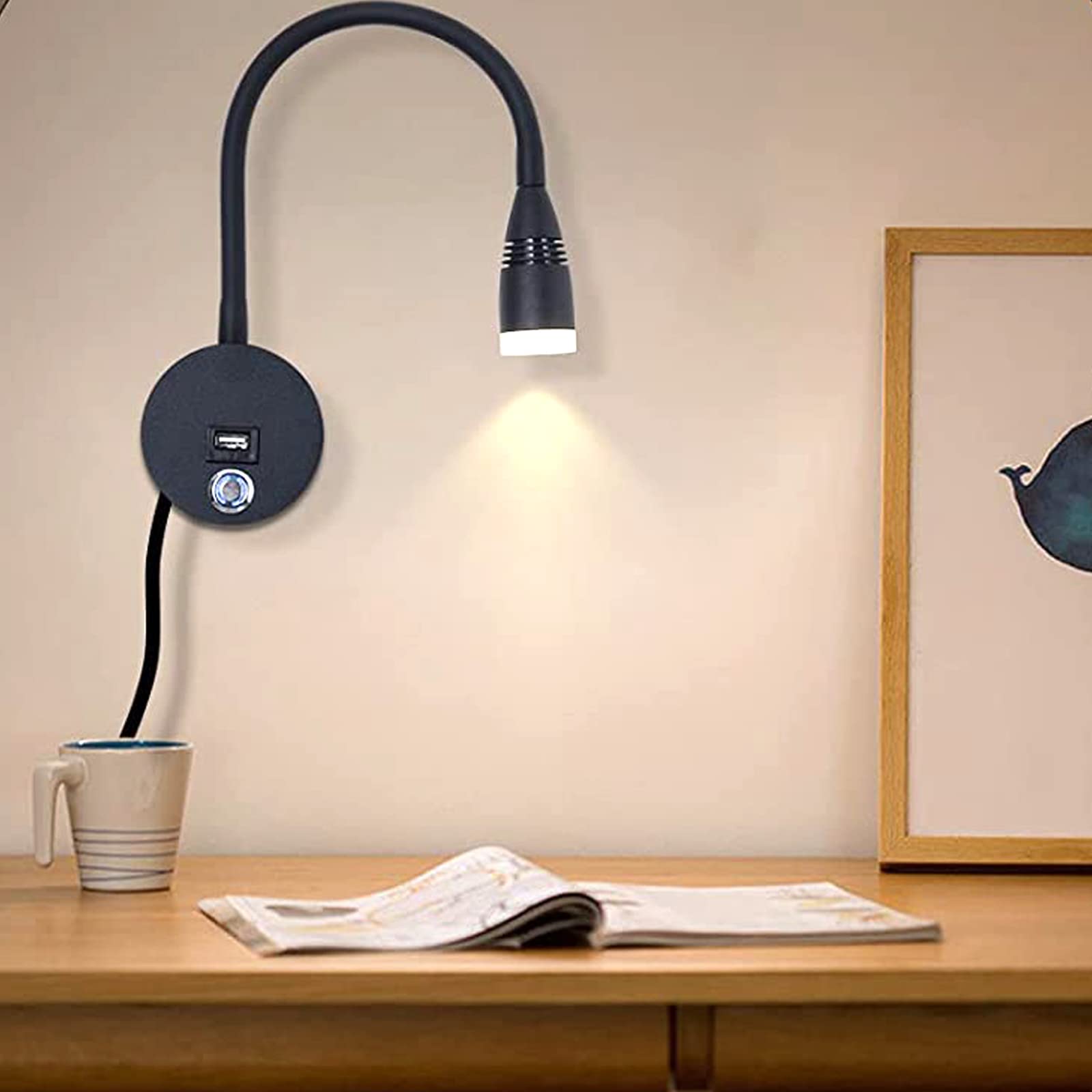 VOMI 3W LED Leselampe Bett Wandmontage Schlafzimmer Wandlampe Dimmbar mit Touch Schalter & USB Port, 2 Stück Wand-Leselampen 360° Flexible Schwanenhals Lampe Schwarz Wandspot mit USB-Stecker