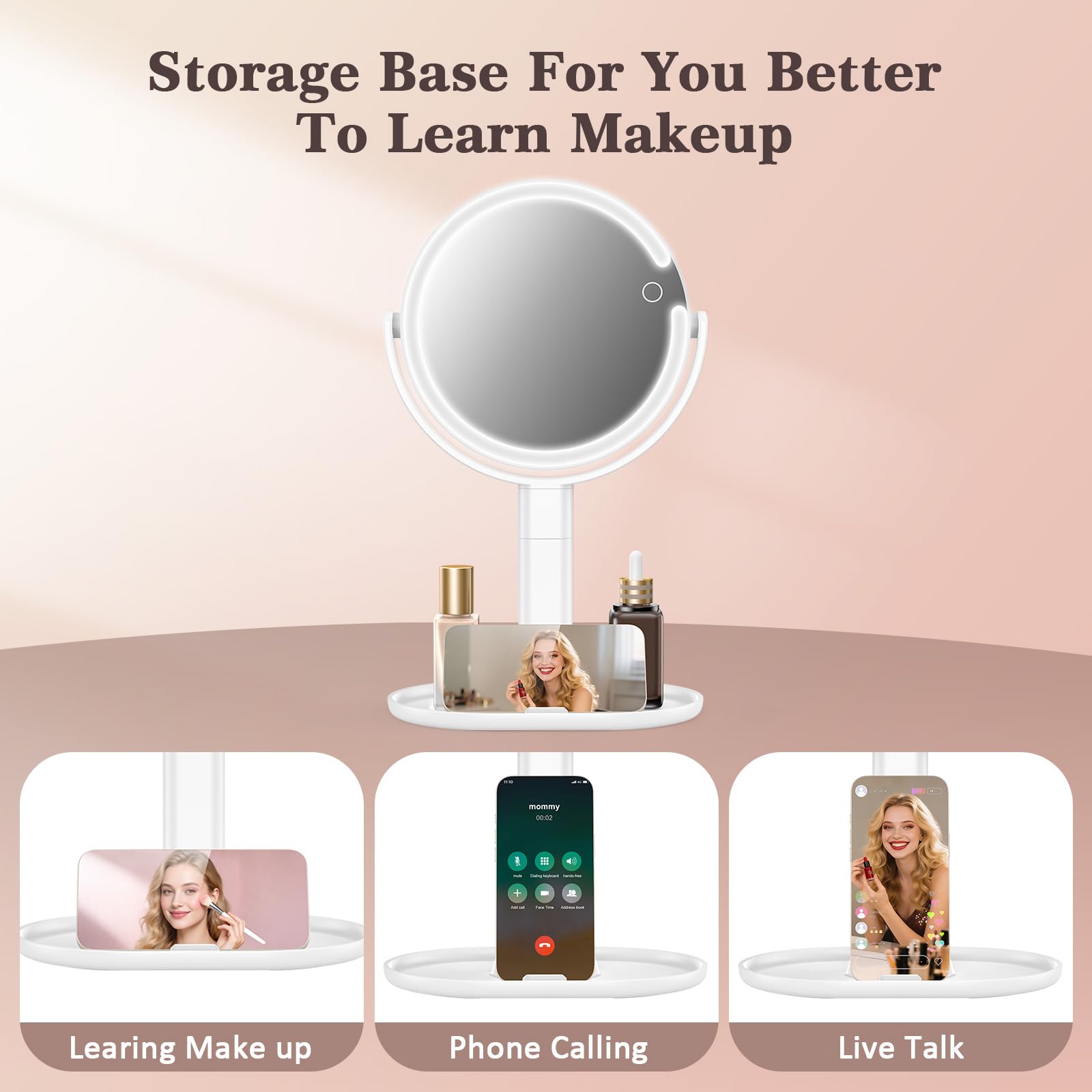 Espejo de maquillaje con luces, aumento 1X/15X con luz LED de 3 niveles, espejo de aumento recargable de 4000 mAh de 2 caras, espejo de escritorio de rotación de 360°, espejo de mesa de altura