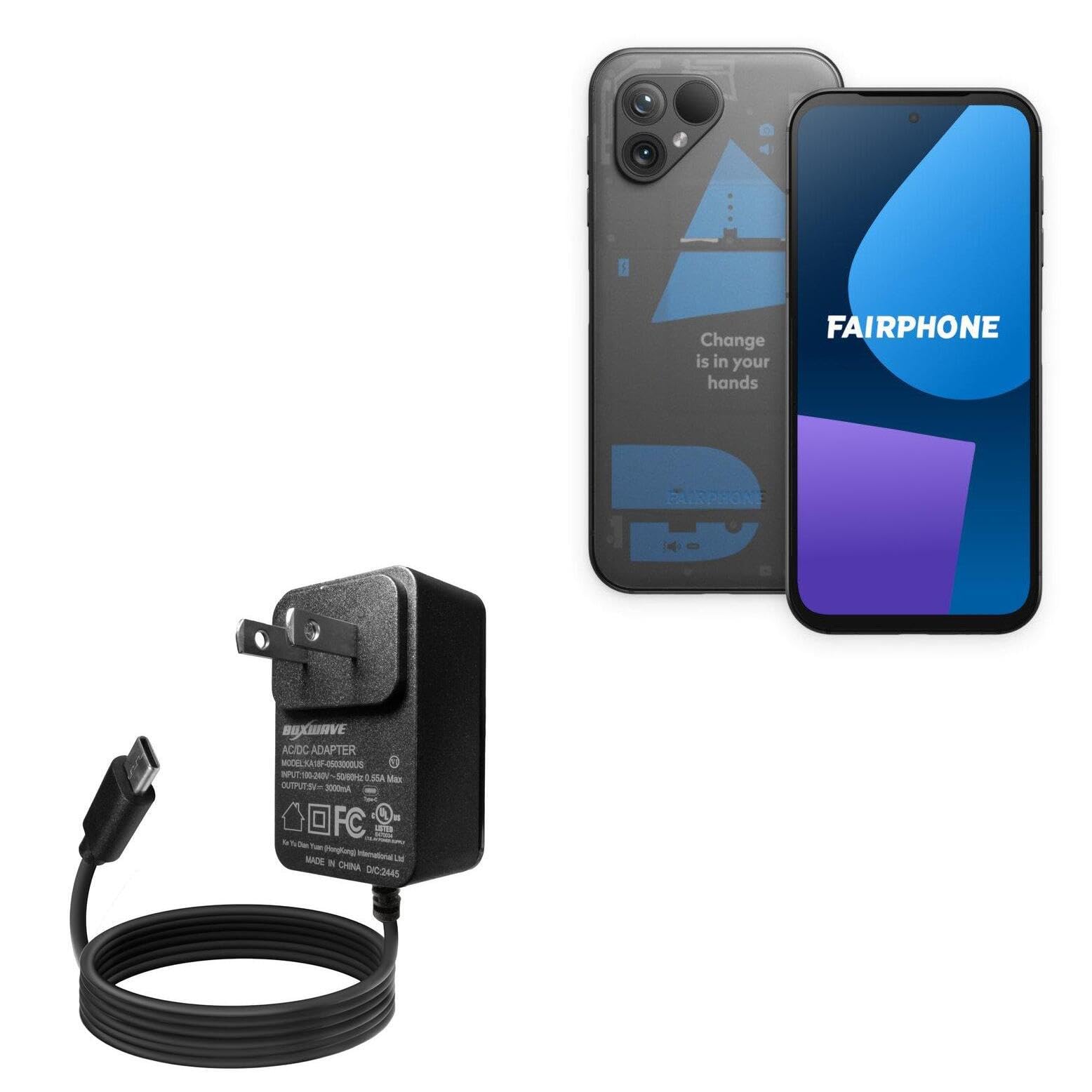 BoxWave Charger Compatible with Fairphone 5 - Wall Charger Direct (15W), Rapid Charge Your Device with Built-in 3ft Cable