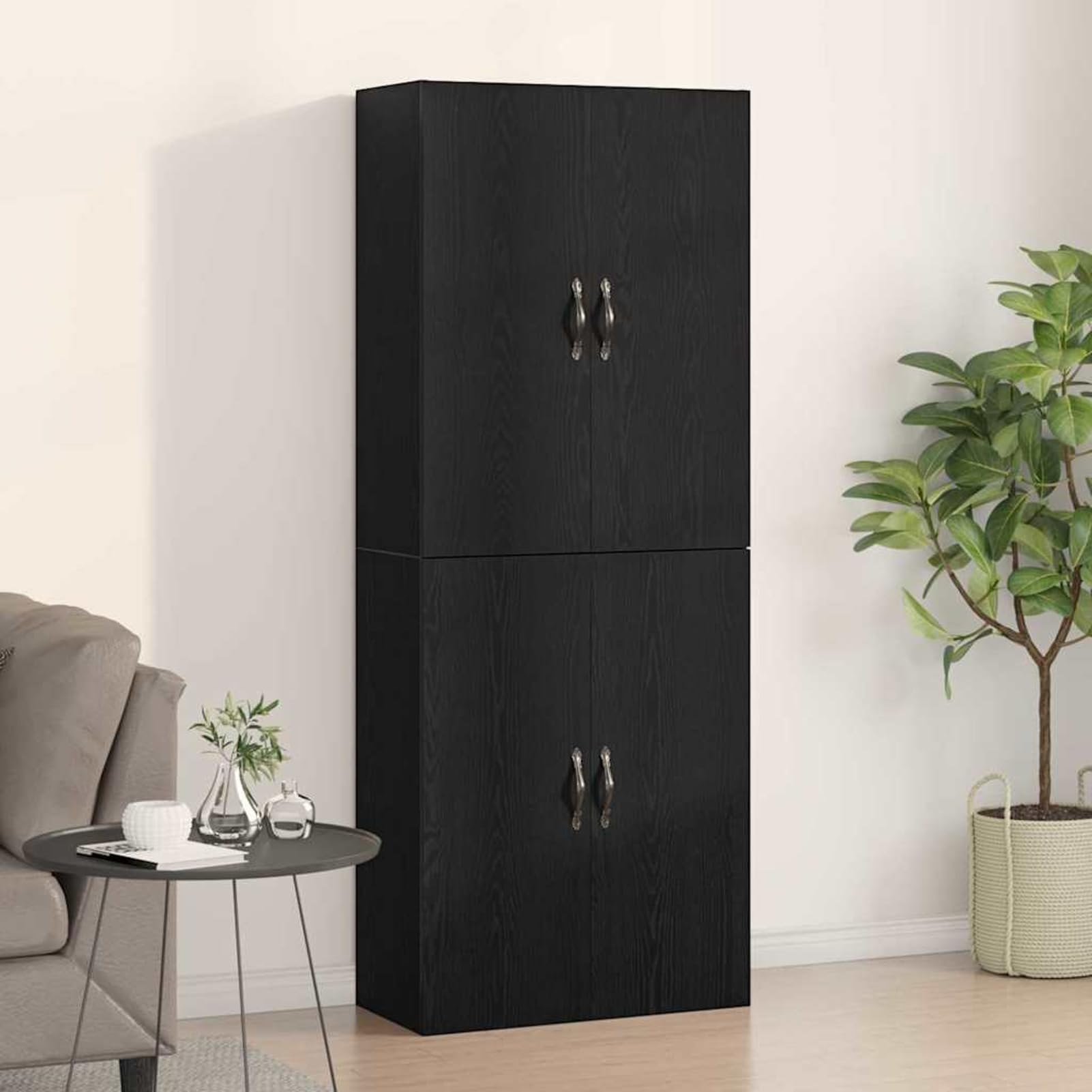 Armadio da parete, 2 pezzi, con 4 ante, colore nero, effetto rovere, 69,5 x 34 x 90 cm, in legno, montaggio a parete, per arredamento moderno