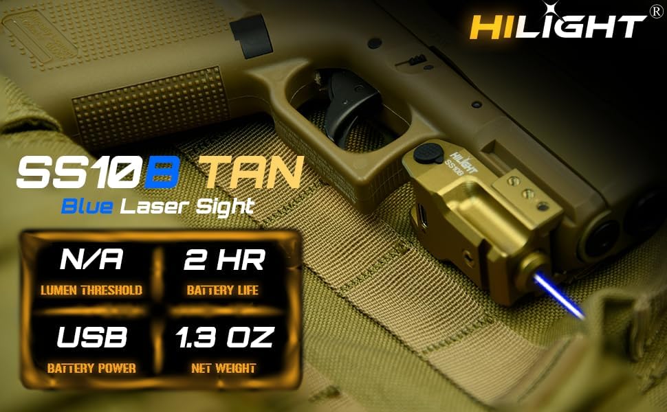 Miniatura 7 de HiLight Tactical Stealth Series - Blue Laser with Tan or Black Body - Military Grade Aluminum, Rechargeable Battery, Rail Mount, Fits Subcompact,