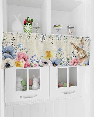 Miniatura 5 de Cenefa de Pascua para ventanas, cortinas florales de conejo, cenefas divertidas con bolsillo para barra, cortinas cortas de primavera para cocina,
