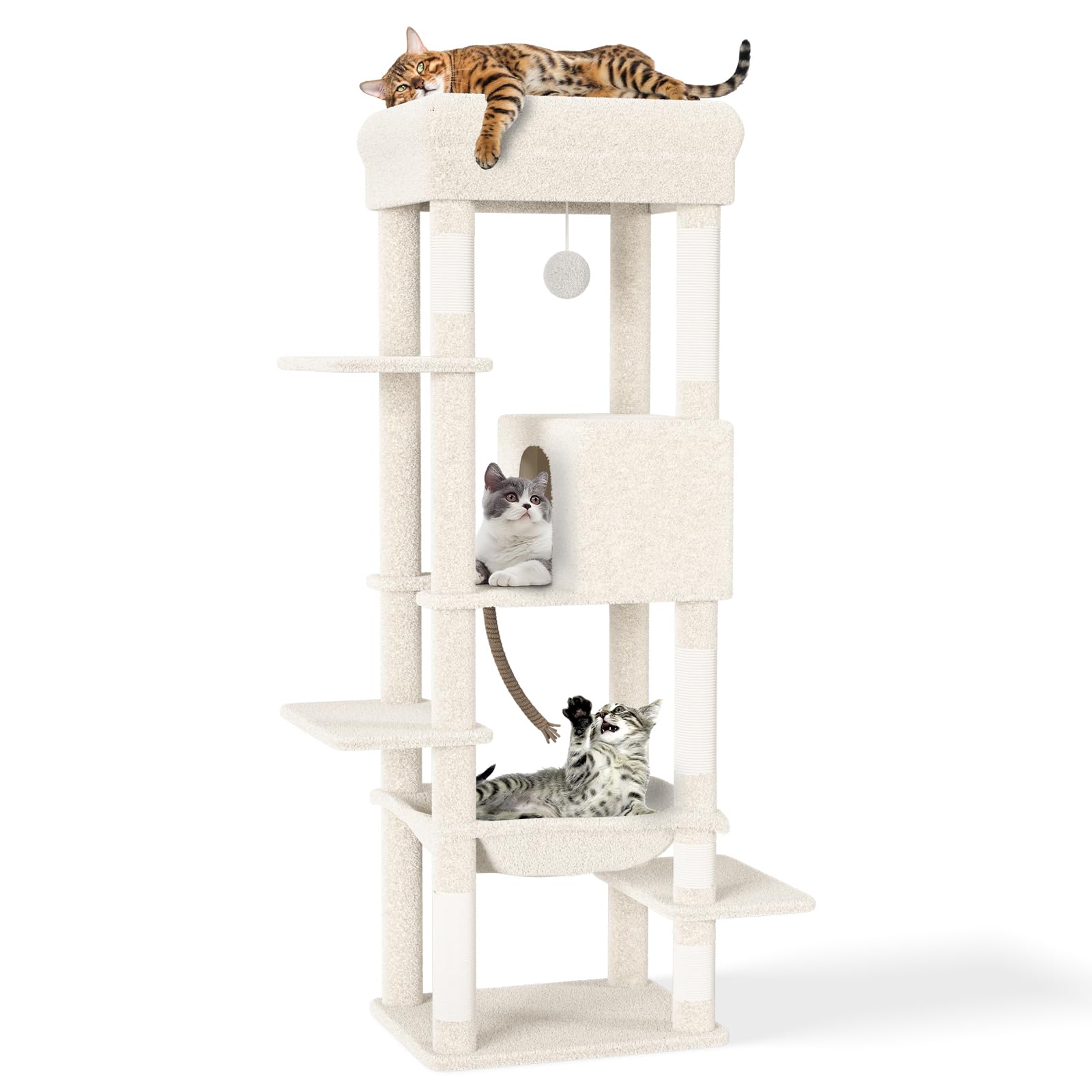 CozyMeow キャットタワー スリム 据え置き ハンモック キャットハウス 大型猫用 つめとぎ 猫 キャットウォーク 爪とぎ 多頭飼い 人気 猫タワー キャットステップ おしゃれ かわいい ねこ キャット タワー 高い安定性 運動不足解消 高さ約150cm 日本語説明書付き (ベージュ, 150cm)