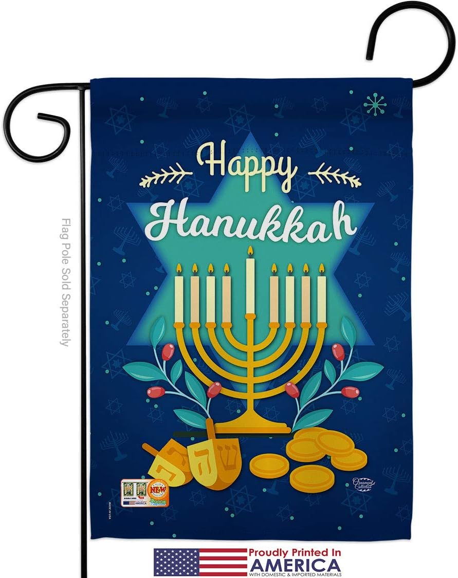 Happy Hanukkah Garden Flag Set with Stand Wintertime Candle Bonsai Menorah Jewish Chanukah David Small Decorative Gift Yard House Banner Made In USA 13 X 18.5
