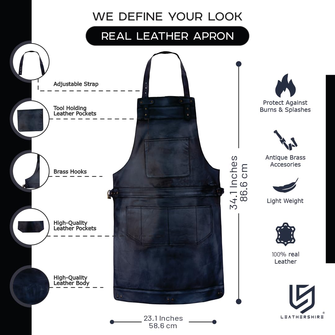 Full Grain Leather Apron Butcher, Cook, BBQ, Cooking, Grilling, Blacksmith Apron (Wax Black) - Image 2