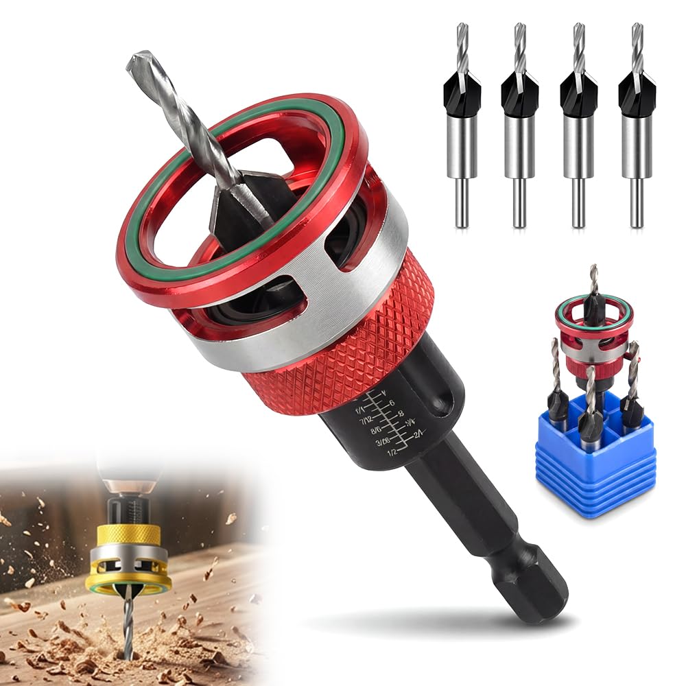 Countersink Drill Bit Set with Depth Stop, 2026 New Four Blades Countersink Bits with Aluminum Alloy Stop Collar, Counter Sink Drill Bit for Wood, Plastic, Woodworking (Red)