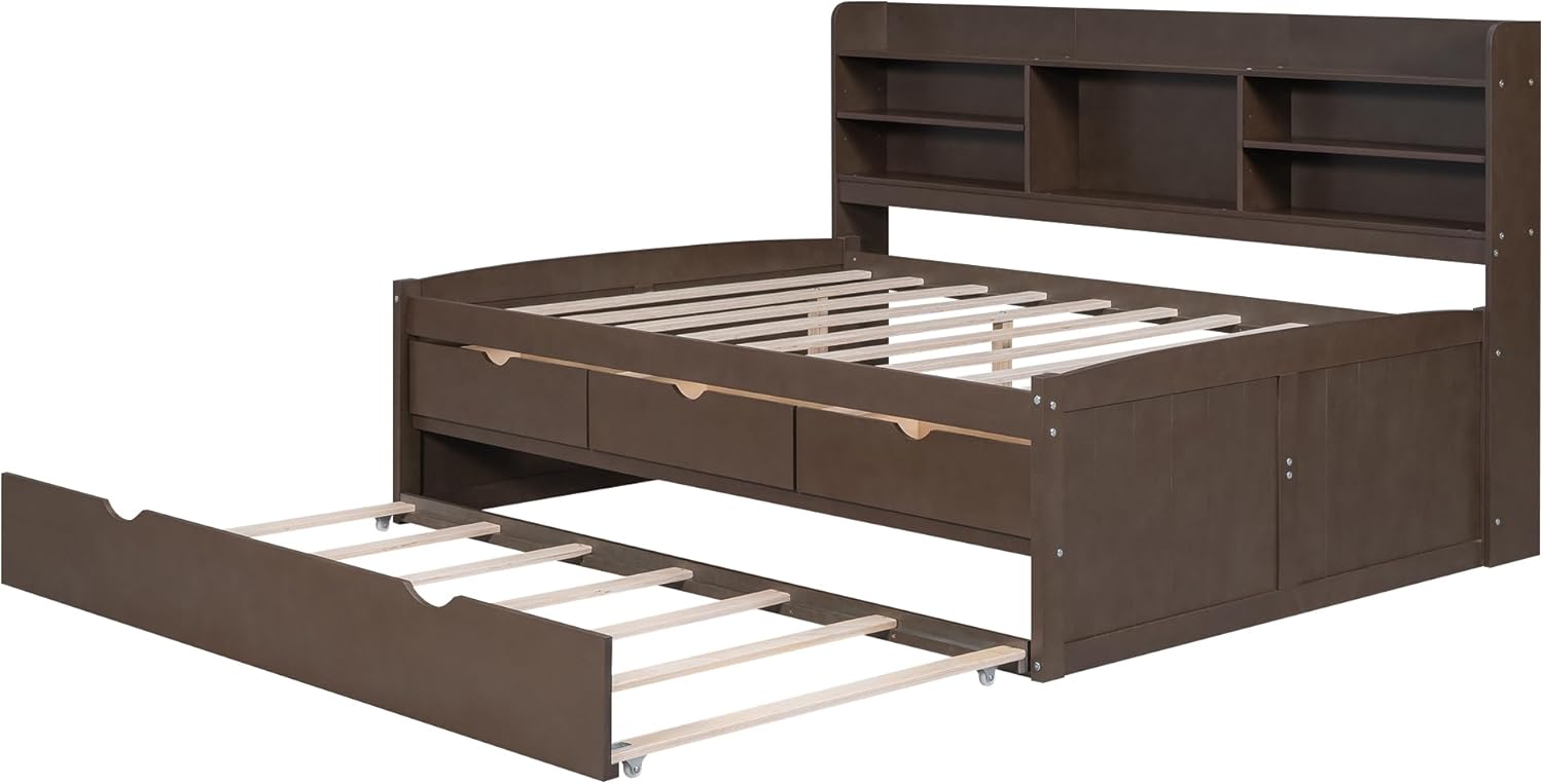 Bellemave Full Size Captain Bed with Tundle Day Bed Frame with 3 Drawers and Built-in Bookshelves Solid Wood Captain’s Bed Sofa Bed for Kids Guests, No Box Spring Needed (White)