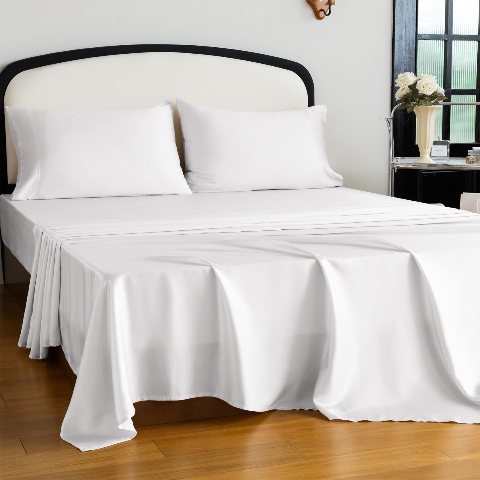 Photo 1 of Homilay King Size Tencel Lyocell Cooling Sheets, Silky Soft Sheet Set with 16 Inch Deep Pocket, Breathable Eucalyptus Bedding for Hot Sleepers, White