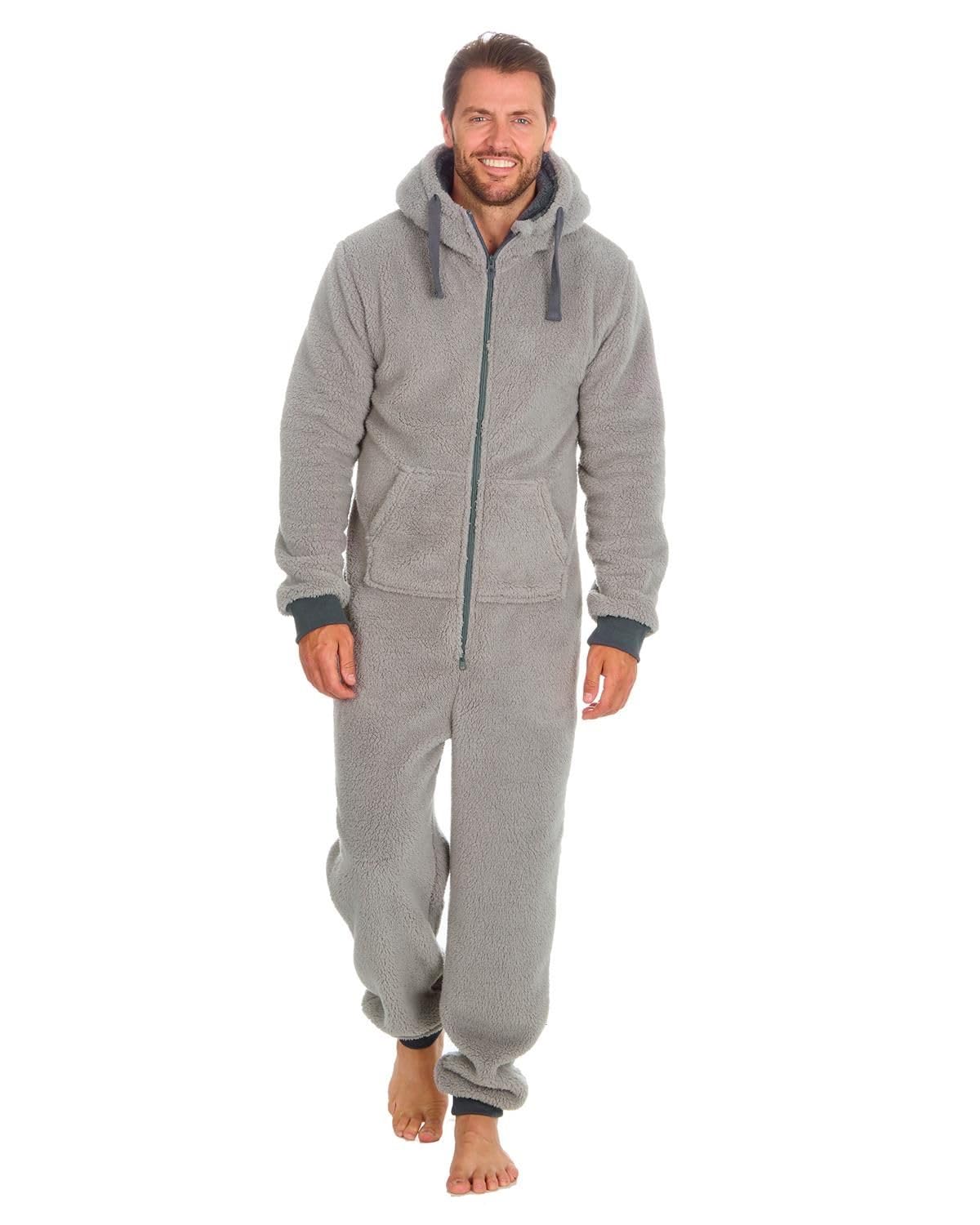 Nikaro Men's Hooded Fleece Onesie Warm Snuggle Suit Stylish Zip Up Contrast (M-L) Grey