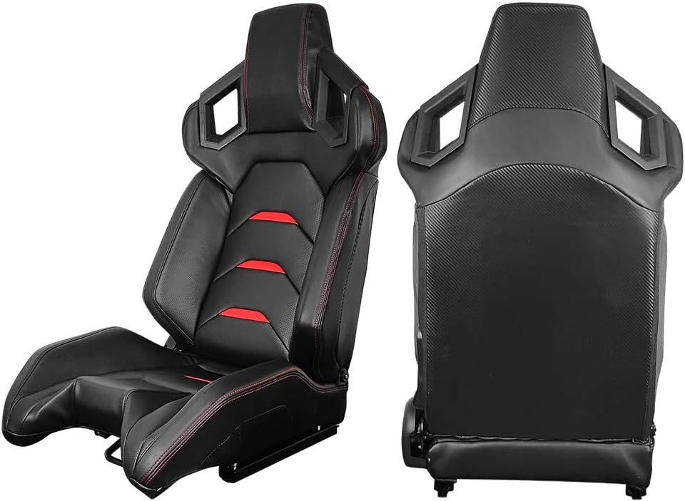 FREEMOTOR802 Universal Racing Seats, Reclinable Sport Seats with Dual Lock Sliders Adjustable, 1 Pair (Driver + Passenger Side), PU + Carbon Fiber Fabric, Black + Red Stripe