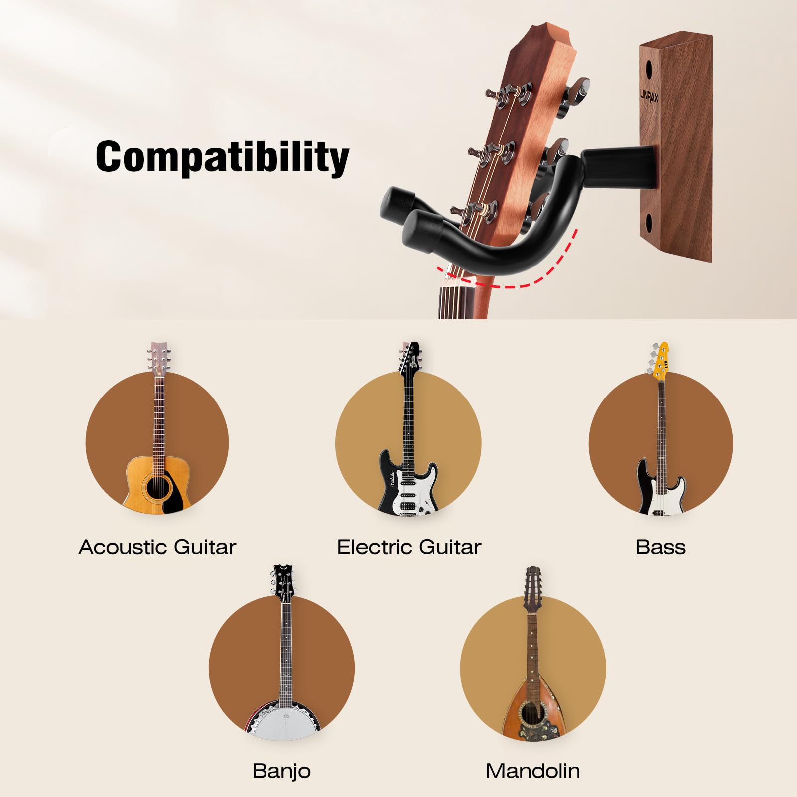 GH1 Supporto da Parete per Chitarra, 2 Pezzi, Gancio Chitarra in Noce Nero con Viti, Porta Chitarra da Muro per Chitarra Acustica Elettrica Basso Banjo Mandolino, Appendi Chitarra da Muro