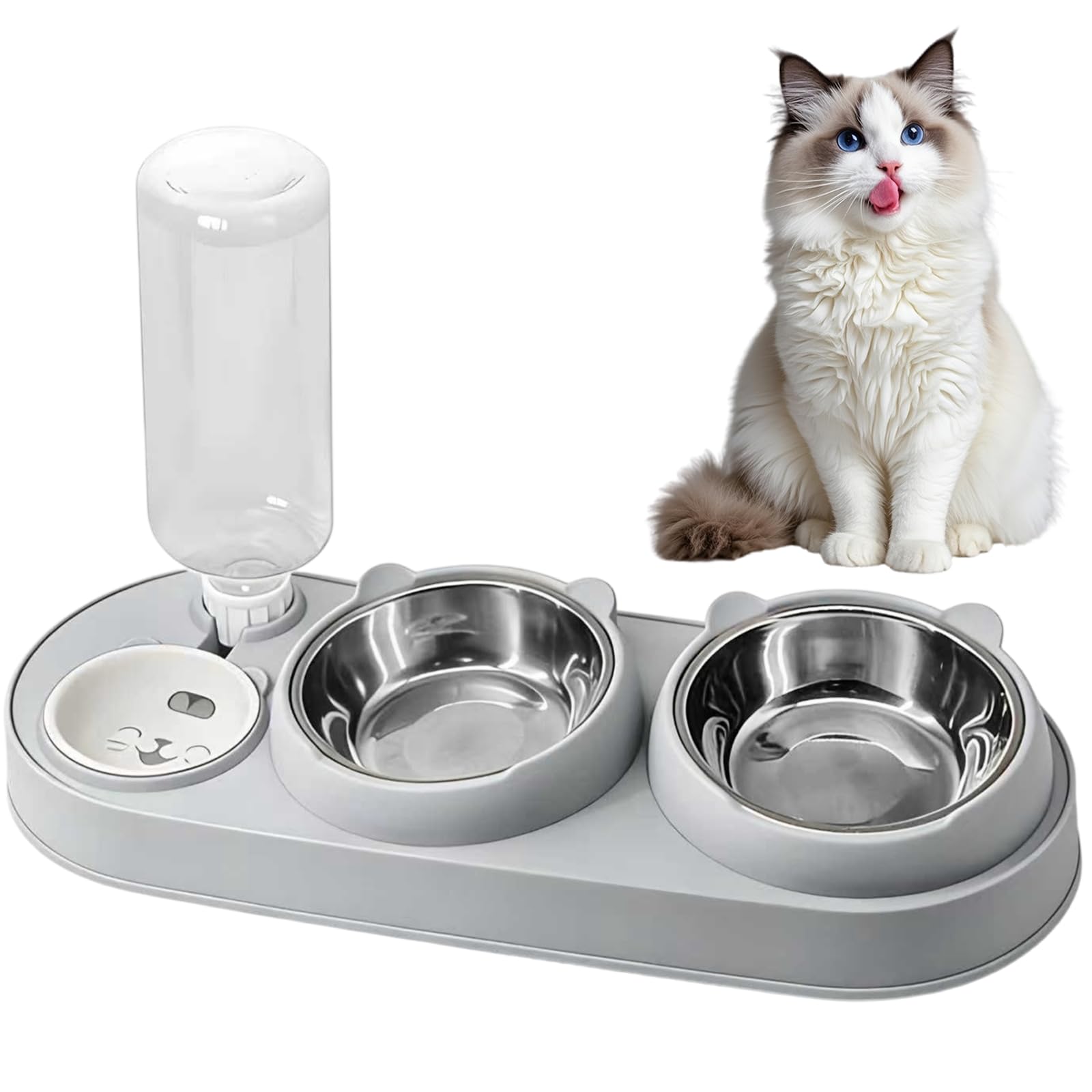 Shudyear Three in One Cat Bowl, Cat Bowl with Stand Tilted 15°, Cat Food Bowl and Cat Water Bowl Set, Double Cat Bowls with Water Dispenser, Anti-Spill and Adjustable Pet Food Bowl (Grey)