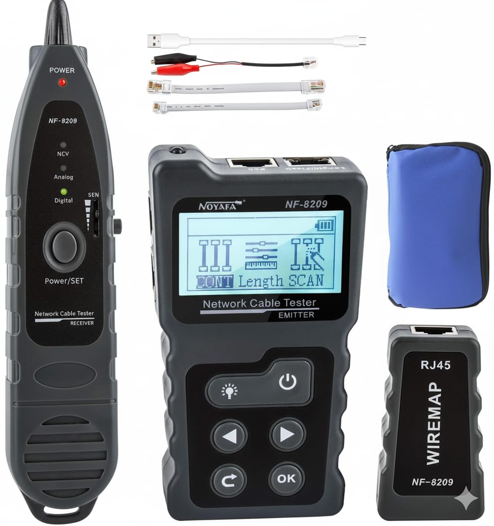 Network Cable Tester, NF-8209 Ethernet Cable Wire Tester with POE & NCV for CAT5/CAT6 Wire Tracer, Length Test, RJ45 Network Tester Kit for Cable Tracer Telephone Line Finder Home Repair