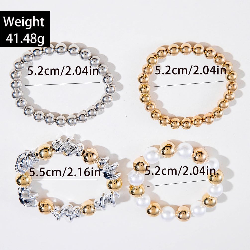 Trendy Big Gold Pearl Beaded Bracelets Stack for Women, Unique 4Pcs Stackable Stretch Chunky Large Silver Beads Twisty Bracelet Set Party Jewelry Gift - Image 2