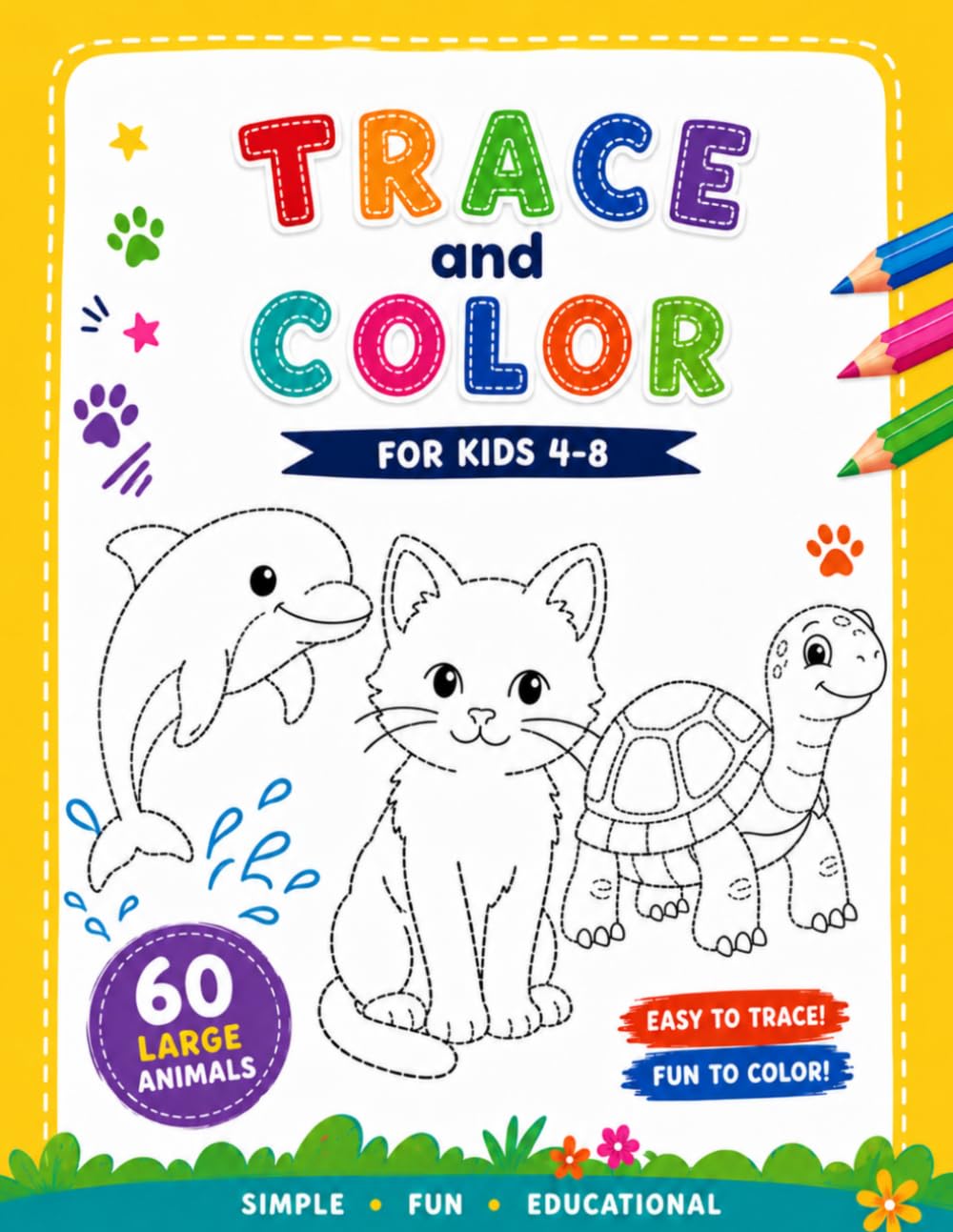 Trace and Color, Coloring Book for Kids 4-8: 60 Large Animals Illustrations for Tracing and Coloring